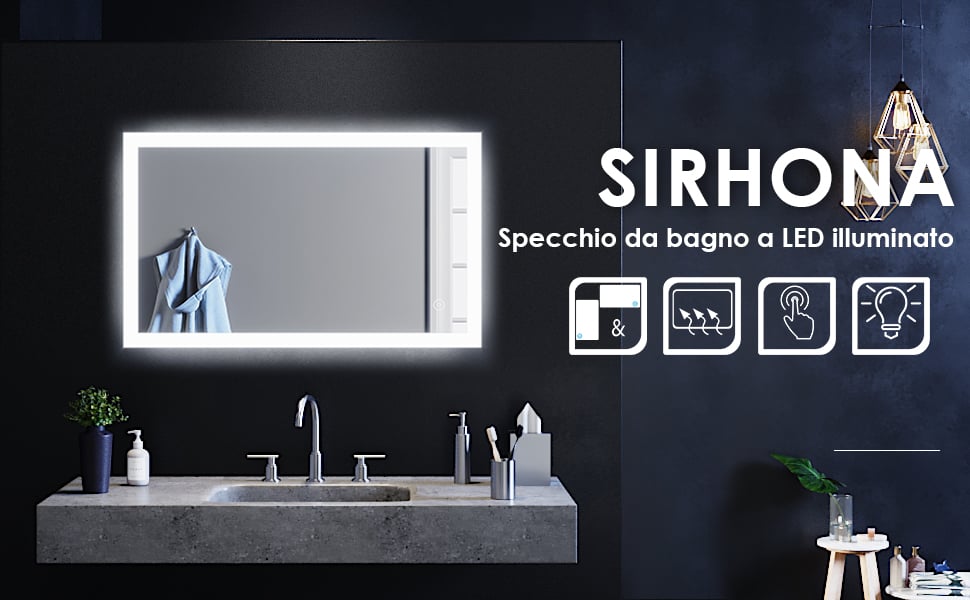 SIRHONA Specchio da Bagno Luce LED, Specchio Bagno Illuminato 100