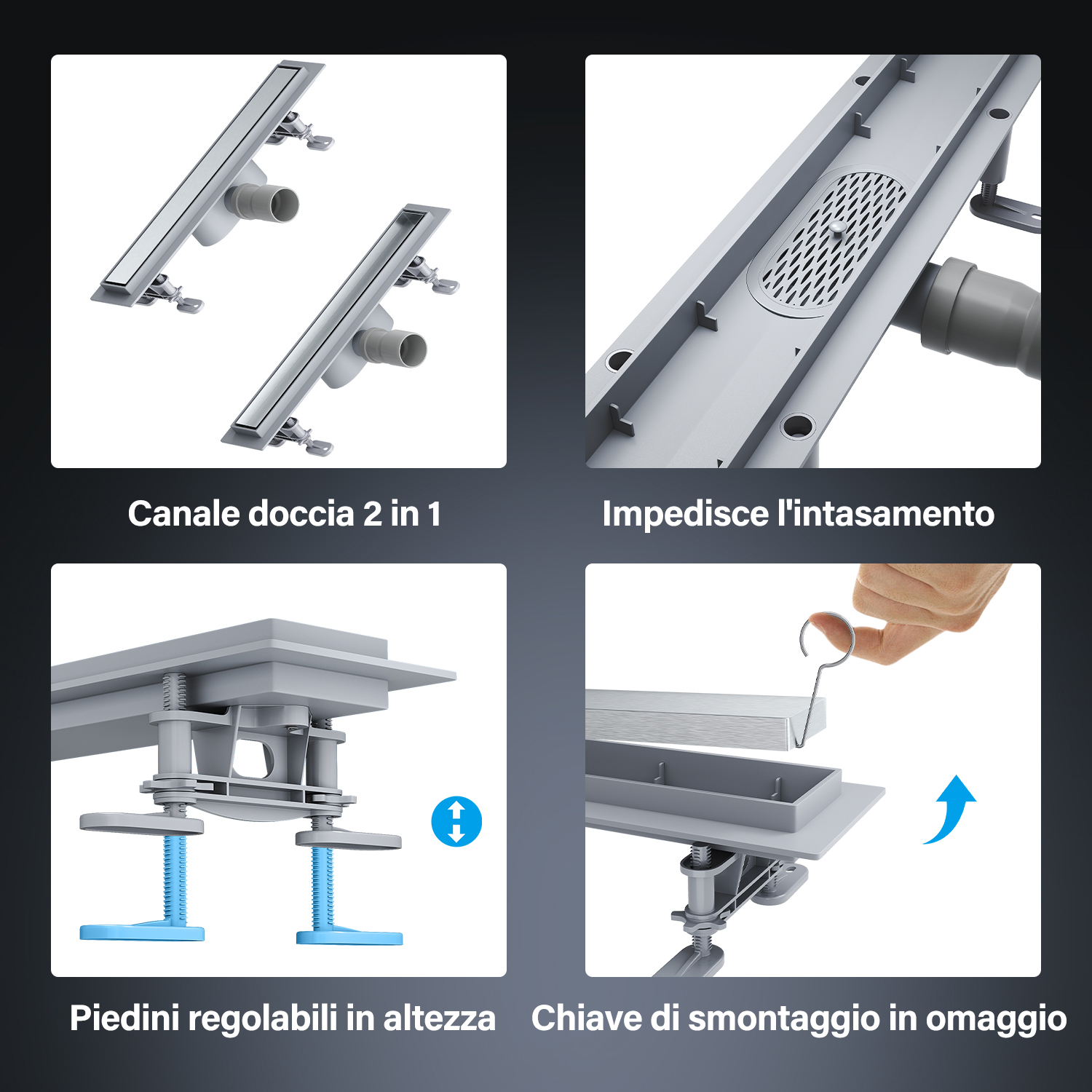 Scarico Lineare Per Doccia 81 Cm, 2 In 1 Nero Opaco Con Inserto Piastrelle, Acciaio Inox 304, Portata 36 L/min - 4
