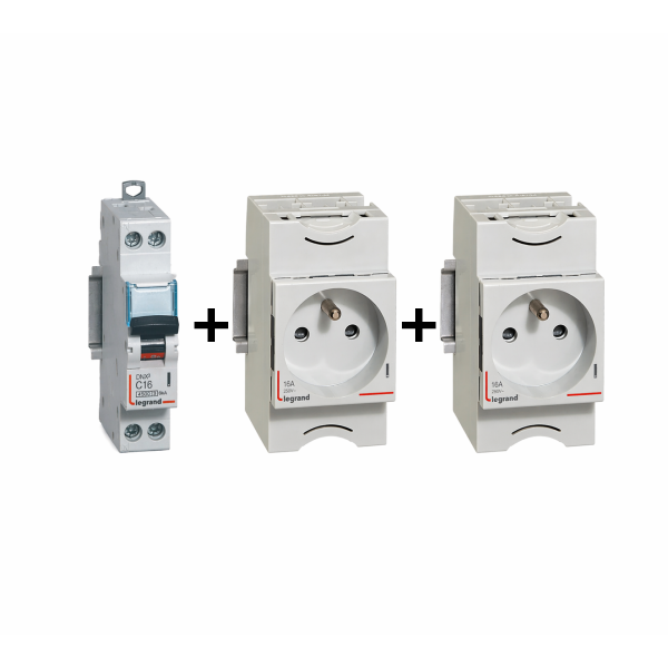 Lot de 2 prises modulaires Legrand 2P+T 16A et disjoncteur DNX3 16A courbe C vue face