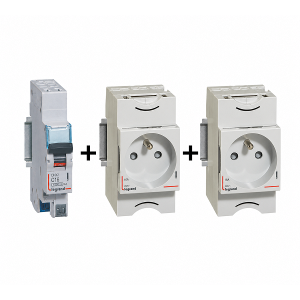 Lot de 2 prises modulaires Legrand 2P+T 16A et disjoncteur DNX3 16A courbe C vue face