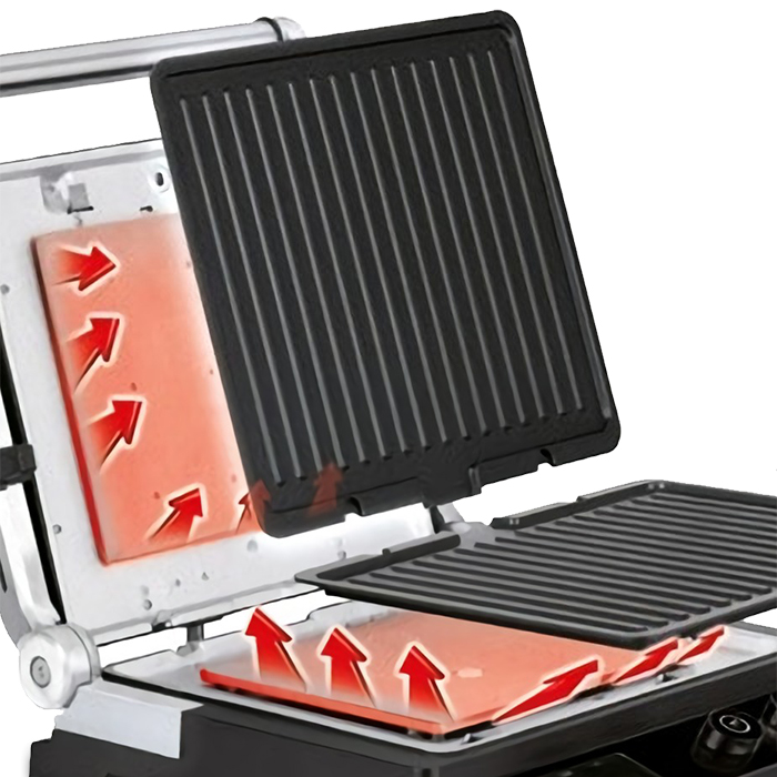 MPM MGR-10M Plancha Grill de asar doble tapa basculante adaptable en altura, planchas antiadherentes, acero inox, regulador temperatura, 2000W