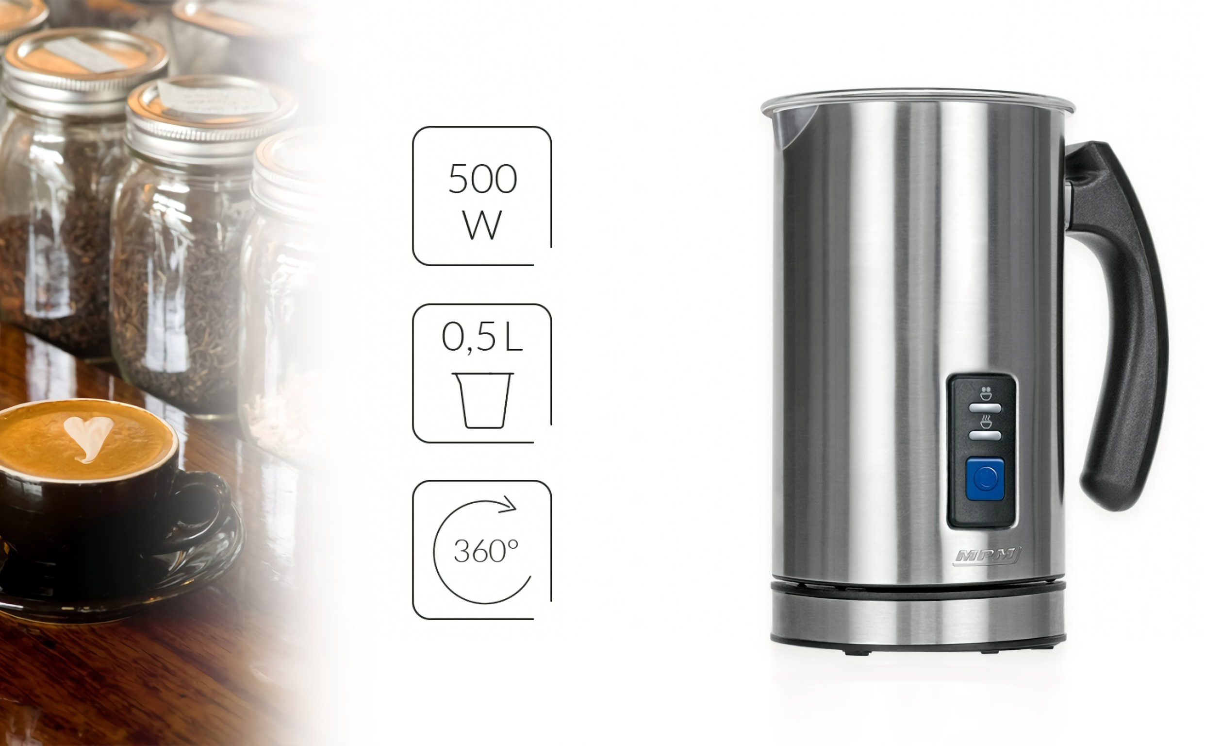 MPM MKW-03M Espumador de Leche Automático Batidor de leche Eléctrico 500W Vaporizador y Calentador Leche 500 ml Hace Espuma en Caliente-Frío, Tapa Transparente, Acero Inoxidable