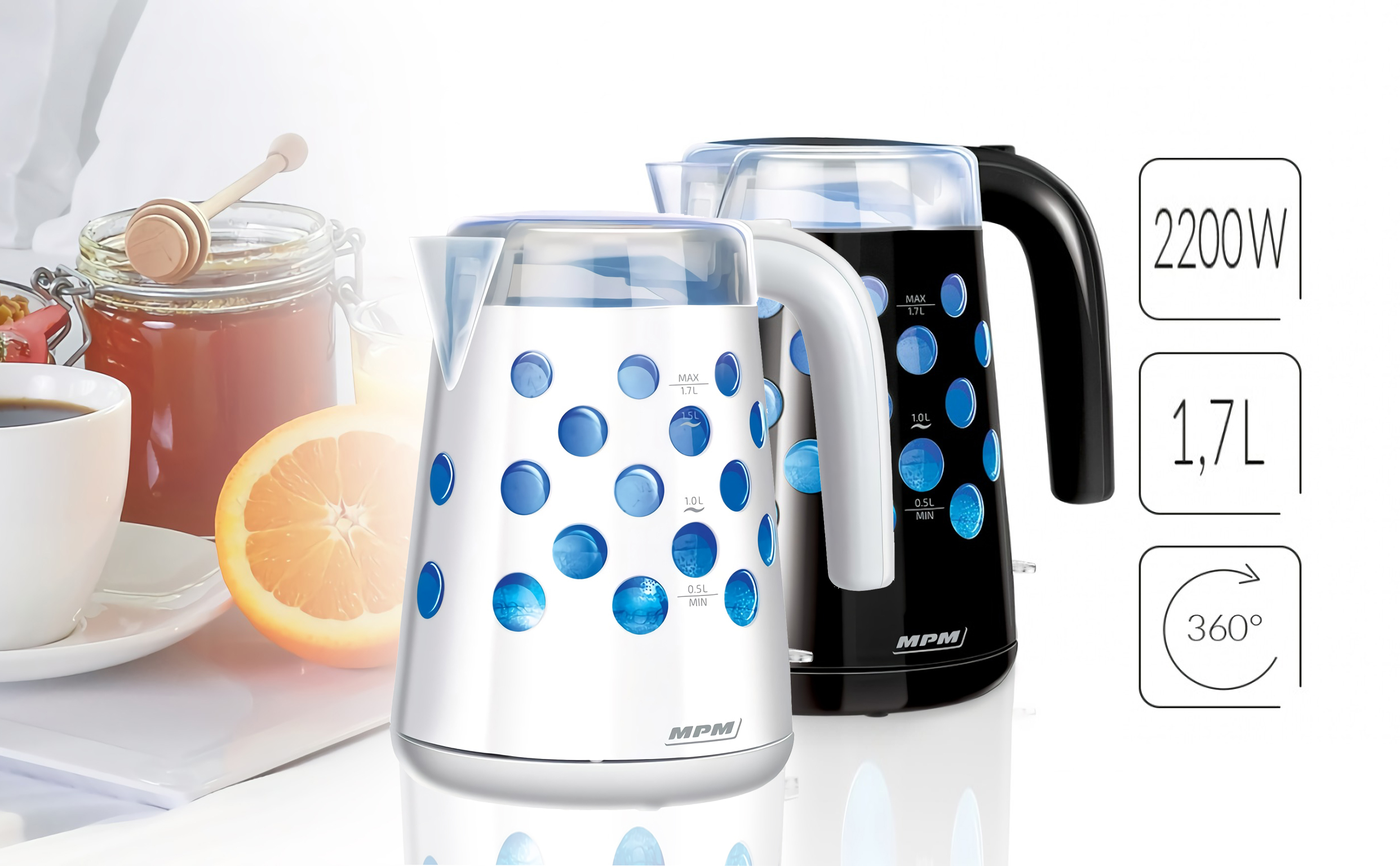 MPM MCZ-86/C Retro illuminated electric kettle. 1,7 L, Wireless, Dry Boil Protection, Anti-lime filter interchangeable, 2200 W, BPA free
