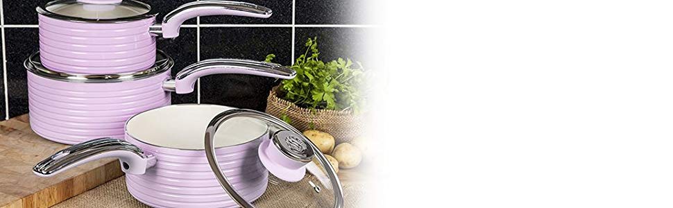 Swan SWPS3020PN Retro Batería cocina 3 Cazos 16-18-20cm con tapa vidrio