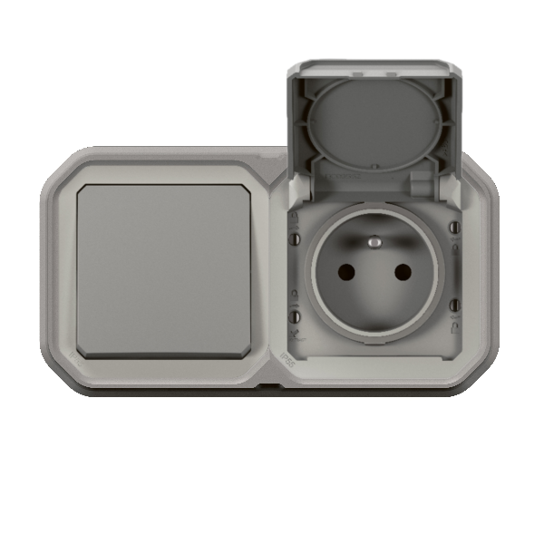 Legrand - Plexo L - Prise de courant + Interrupteur - Encastré - Gris - IP55/IK08 - Réf : 069511L + 069551L + 069683L vue de face
