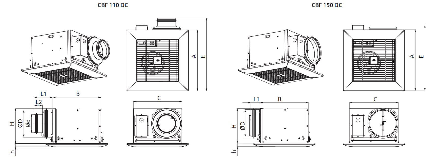 Dimensions ventilateur de gaine centrifuge CBF 110 DC