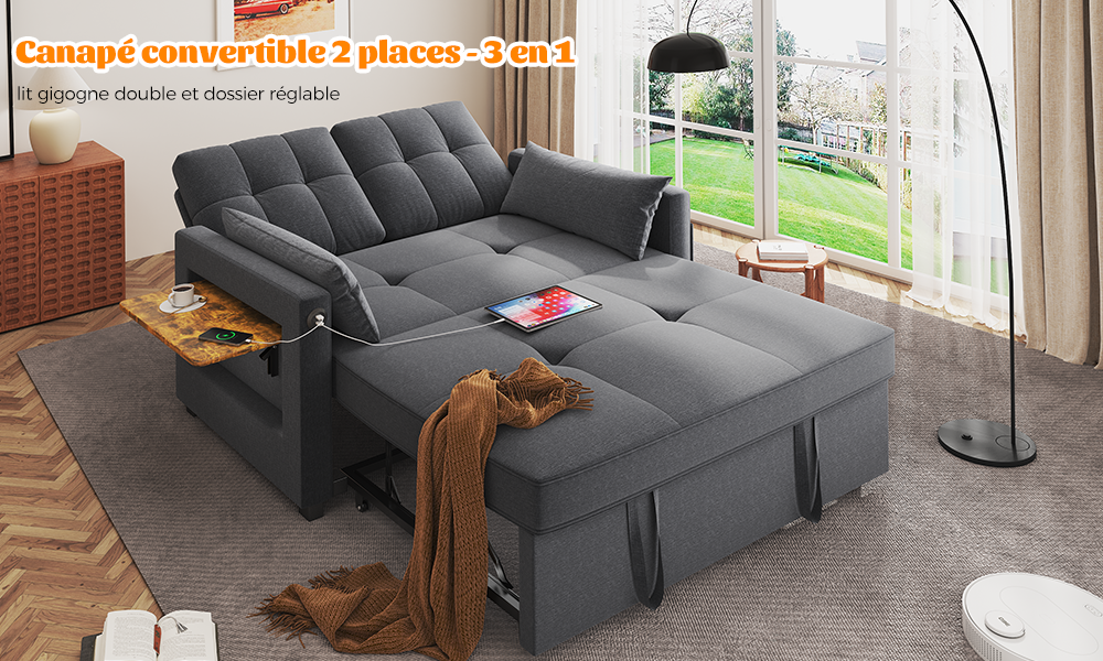 Canapé Lit 1 Place Convertible - Dossier Réglable, Chaise Longue, Port USB Et Porte-gobelet - Noir, 87x74x84 Cm