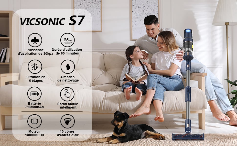 Aspirateur Balai sans fil VICSONIC S7 - 35Kpa 520W - Autonomie 65 min -  Écran Tactile - 8 en 1 - Sans Sac - Cdiscount Electroménager