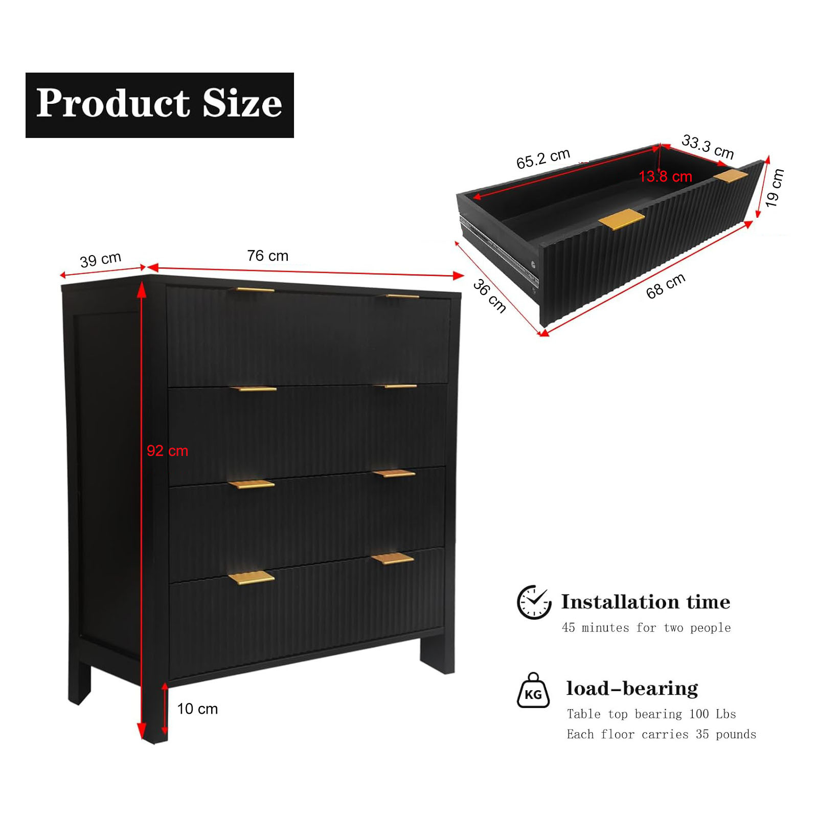 Commode haute étroite 4 tiroirs noir rustique