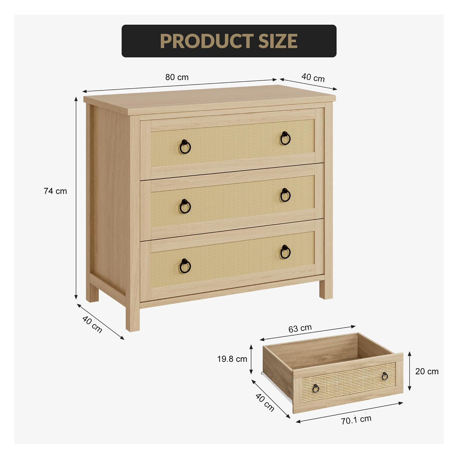 Commode 3 tiroirs en rotin naturel couleur bois