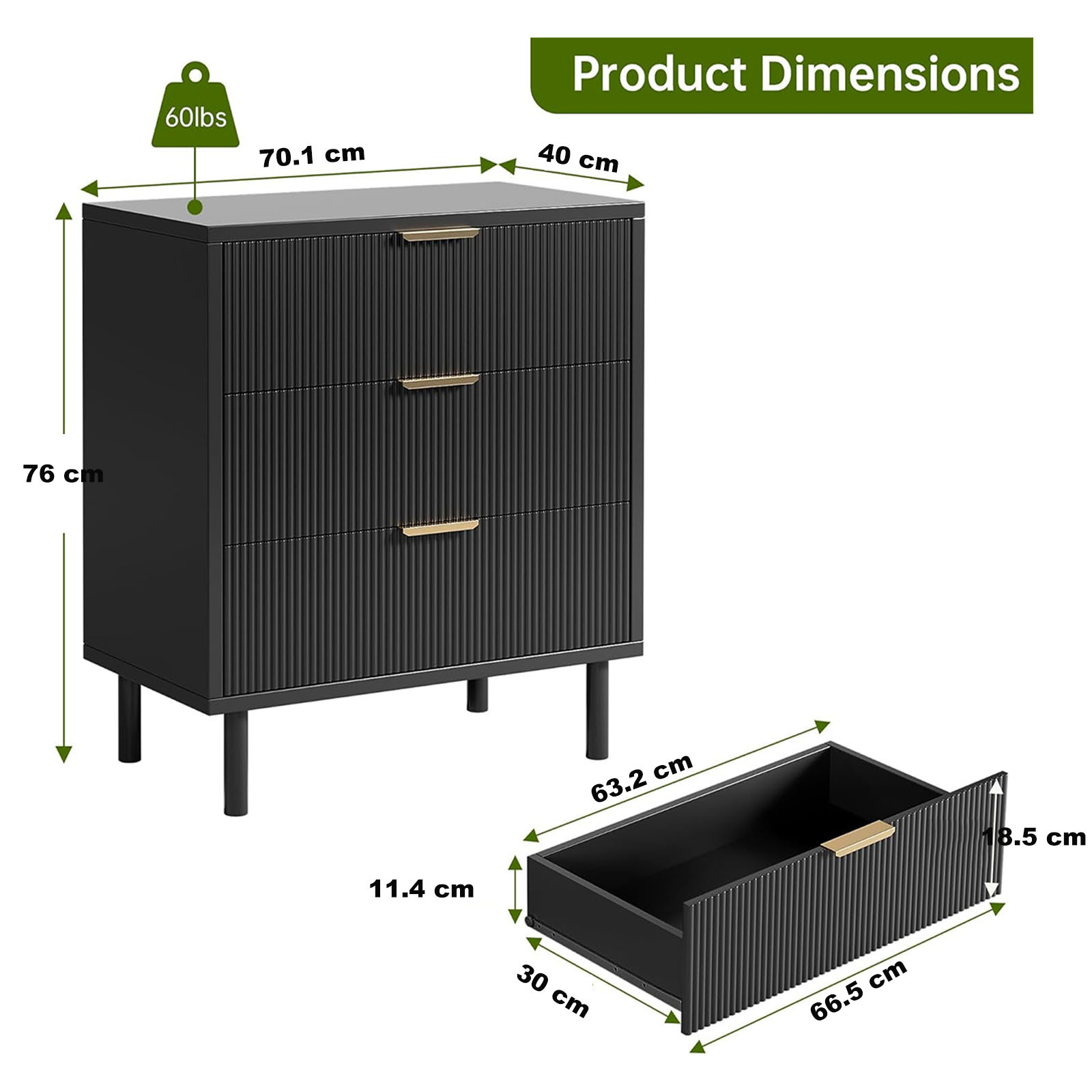 Commode noire 3 tiroirs façade cannelée
