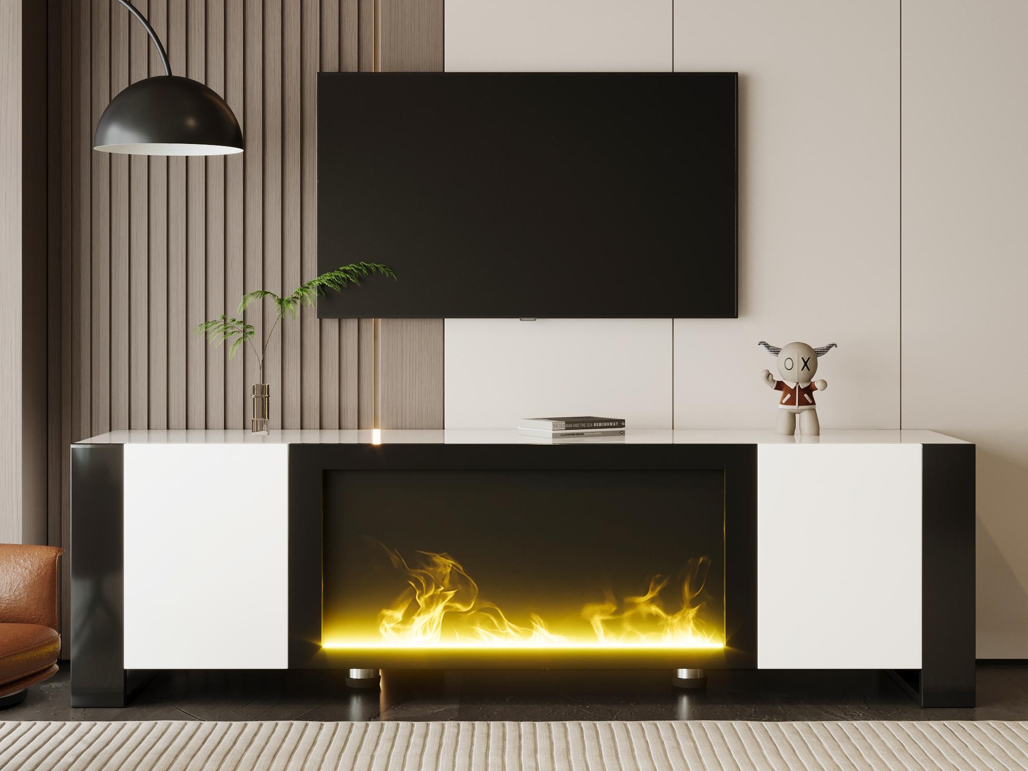 Meuble TV Avec Cheminée électrique Décorative - 165x32x55 Cm - Étagères De Rangement, Effet Flamme Réaliste - Design Blanc Et Noir Moderne Pour Salon