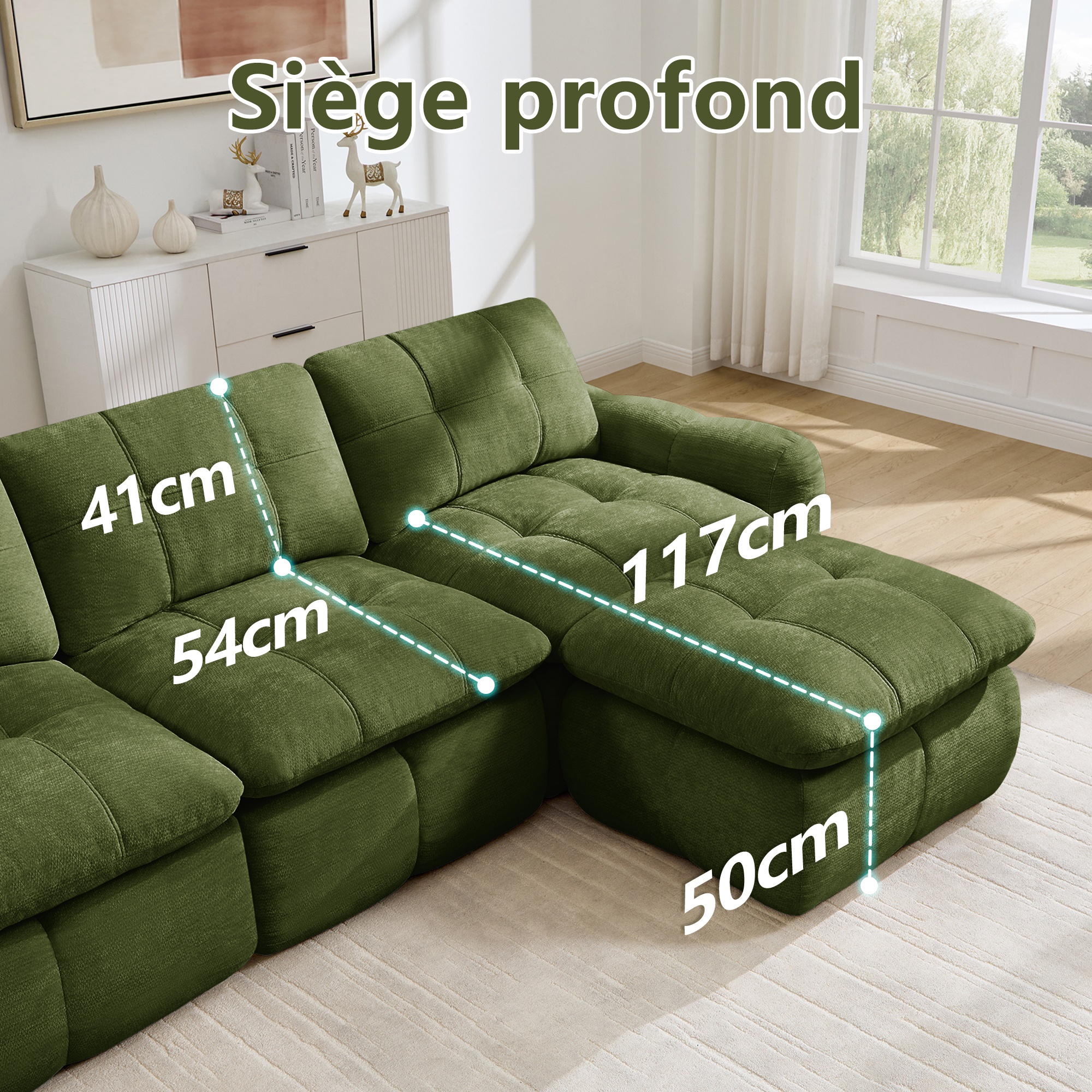 Dimensions du canapé modulable 3+1 places en chenille jaune