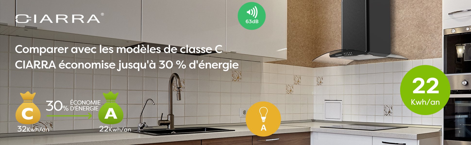 CIARRA Hotte murale 60cm