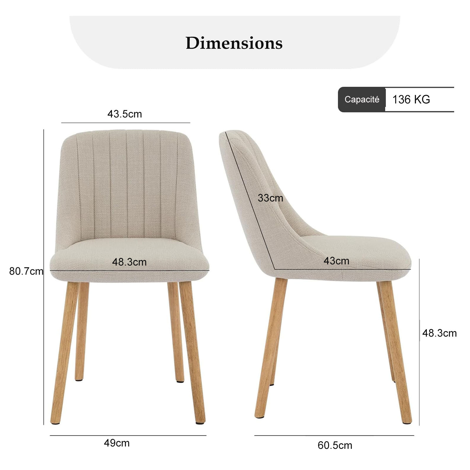 Lot de 2 chaises de salle à manger beige pieds aspect chêne