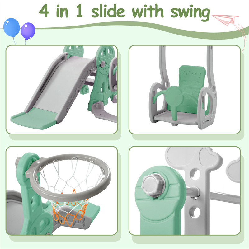 Toboggan Pour Enfants 4 En 1 - Convient Pour L'intérieur Et L'extérieur - Avec Balançoire, Panier De Basket, Toboggan, échelle - Vert -Pas Cher Clair Jardin Magasin