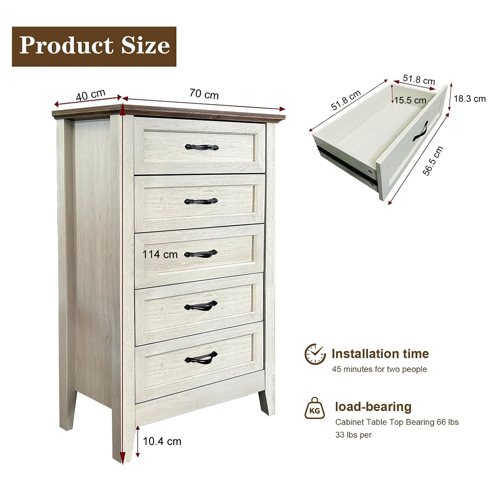 Commode haute vintage 5 tiroirs blanc