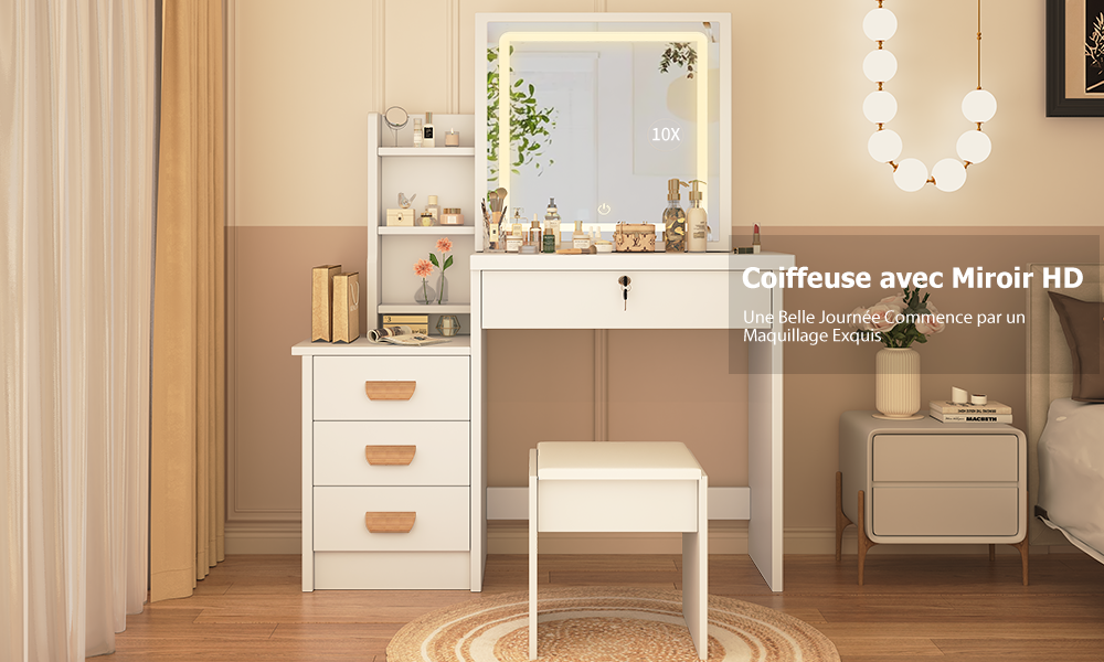 Vue latérale coiffeuse blanche avec tabouret