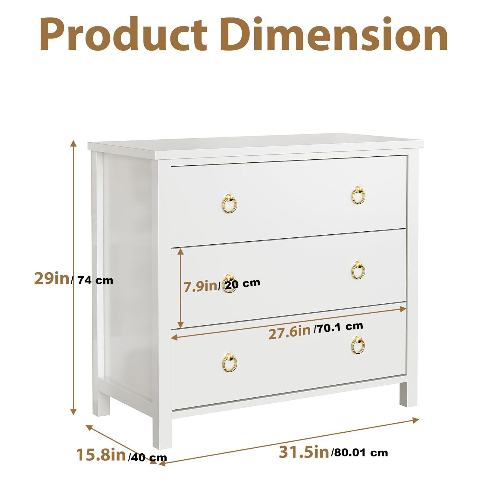 Commode blanche 3 tiroirs moderne avec poignées dorées