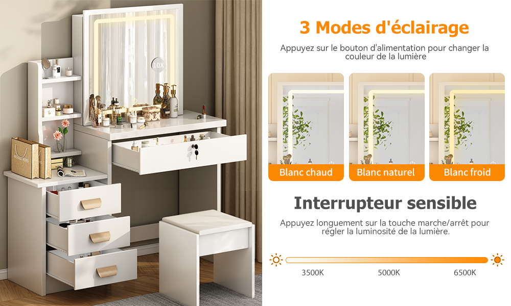Miroir LED à 3 modes d'éclairage