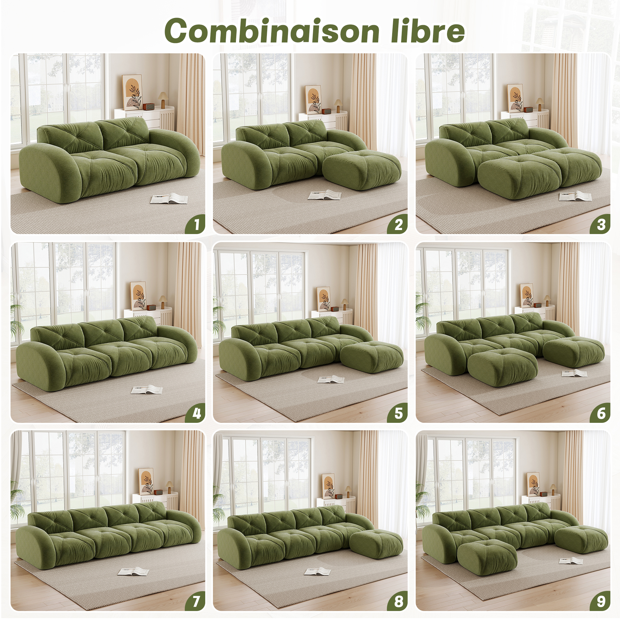 Présentation du canapé modulable en chenille et mousse 32D