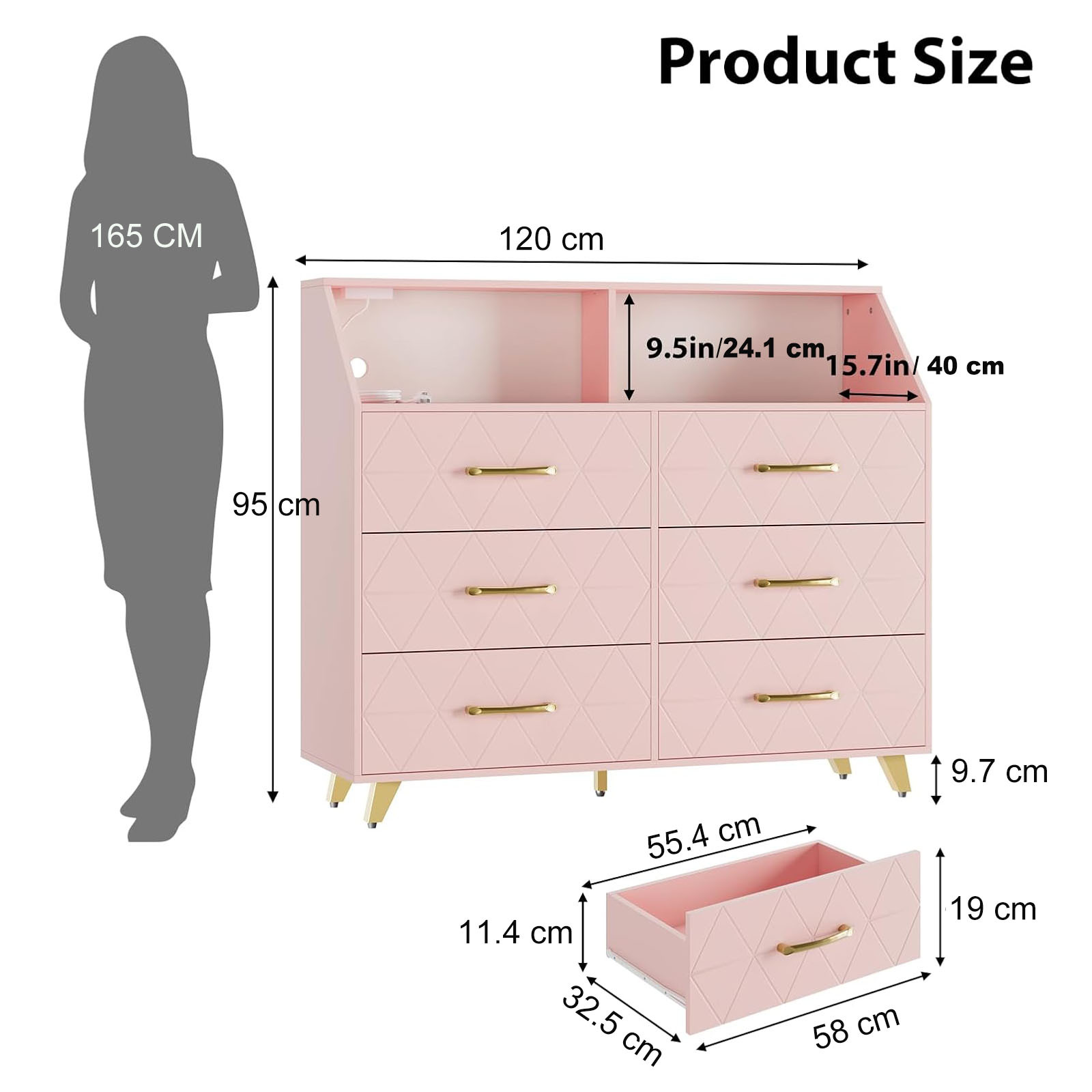 Commode rose 6 tiroirs LED avec station de recharge
