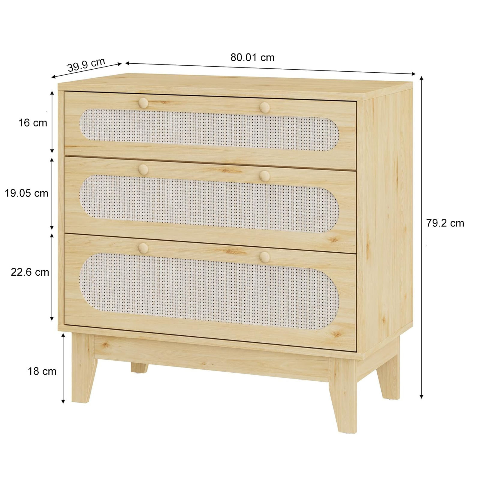 Commode 3 tiroirs bois et rotin finition bois naturel