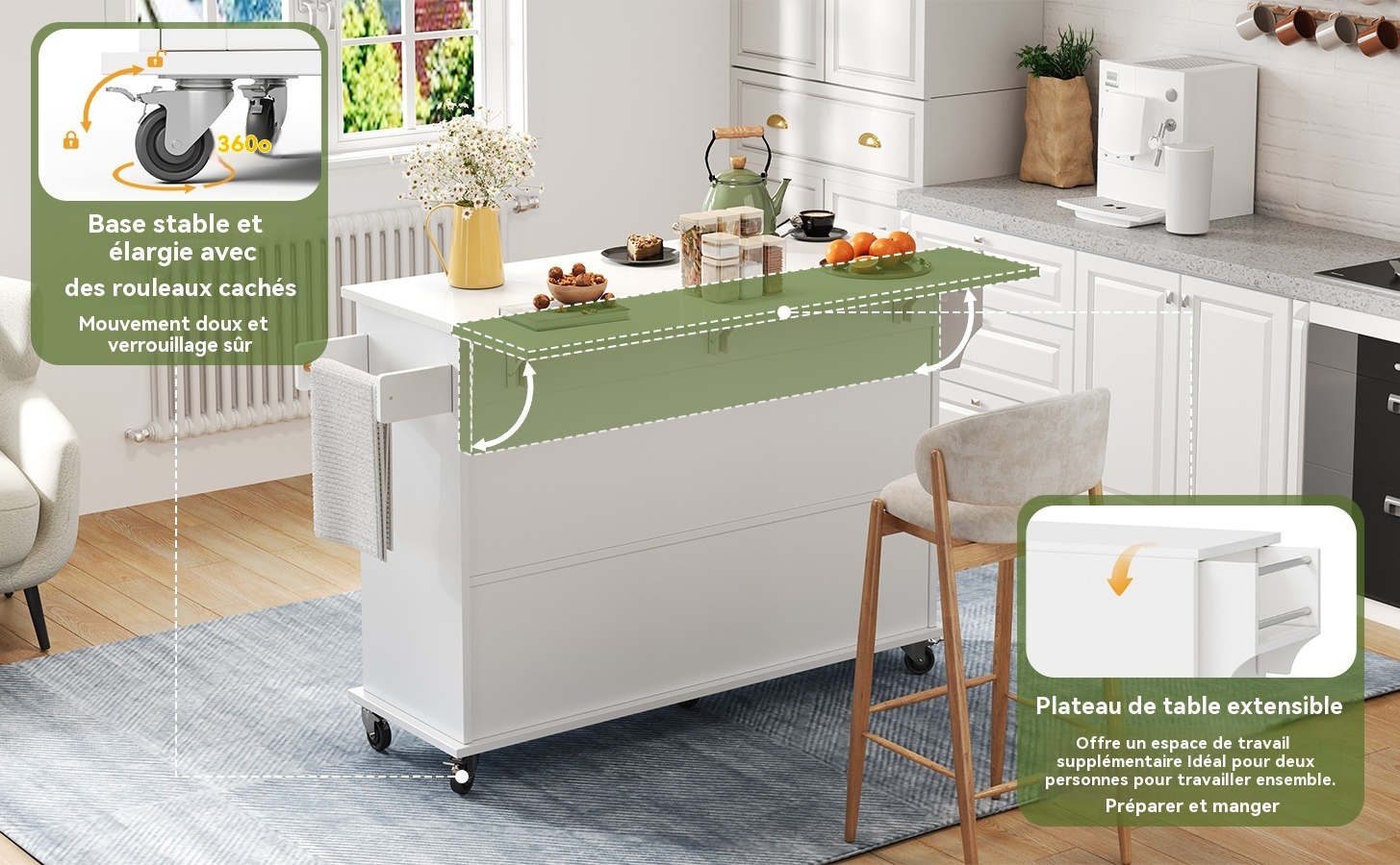 Chariot de cuisine - Plateau rabattable extensible 120×70cm