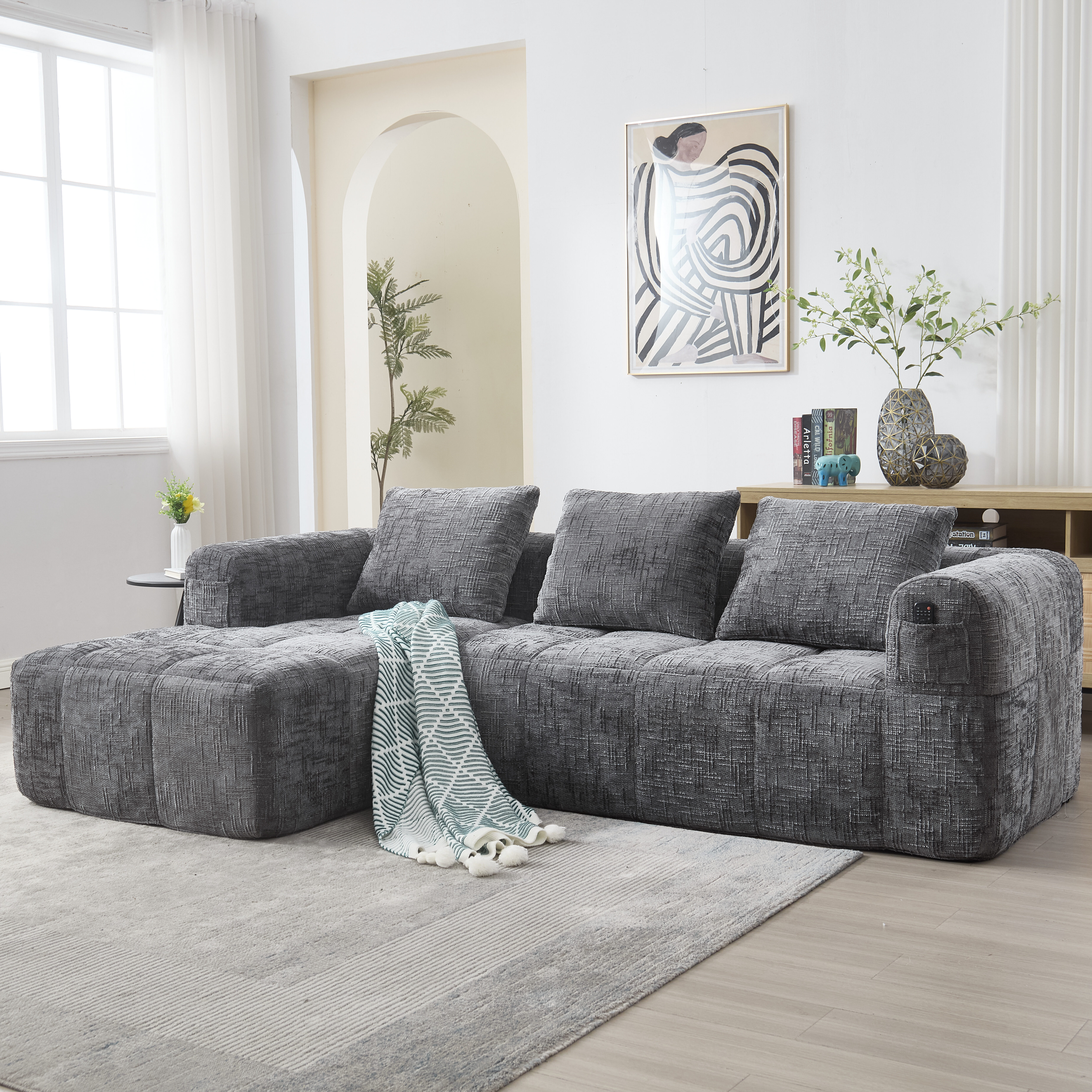 Canapé D'Angle Modulable 3 Places Avec Repose-Pieds | Tissu Chenille, Accoudoirs Réglables | Gris Foncé, 218 Cm