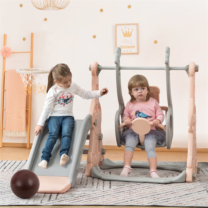Toboggan Pour Enfants 4 En 1 - Convient Pour L'intérieur Et L'extérieur - Avec Balançoire, Panier De Basket, Toboggan, échelle - Rose -Pas Cher Clair Jardin Magasin