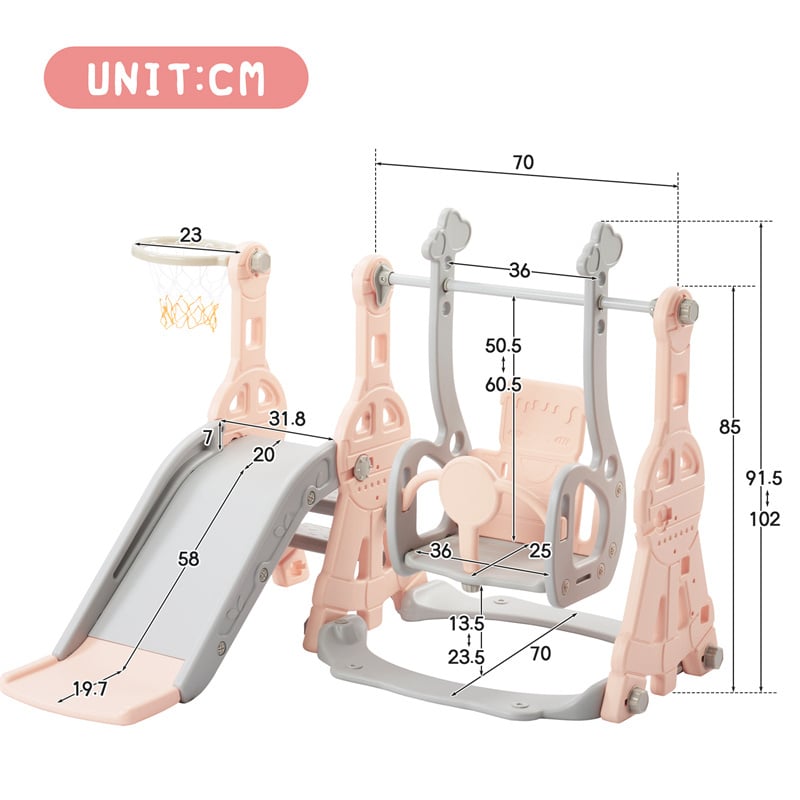 Toboggan Pour Enfants 4 En 1 - Convient Pour L'intérieur Et L'extérieur - Avec Balançoire, Panier De Basket, Toboggan, échelle - Rose -Pas Cher Clair Jardin Magasin