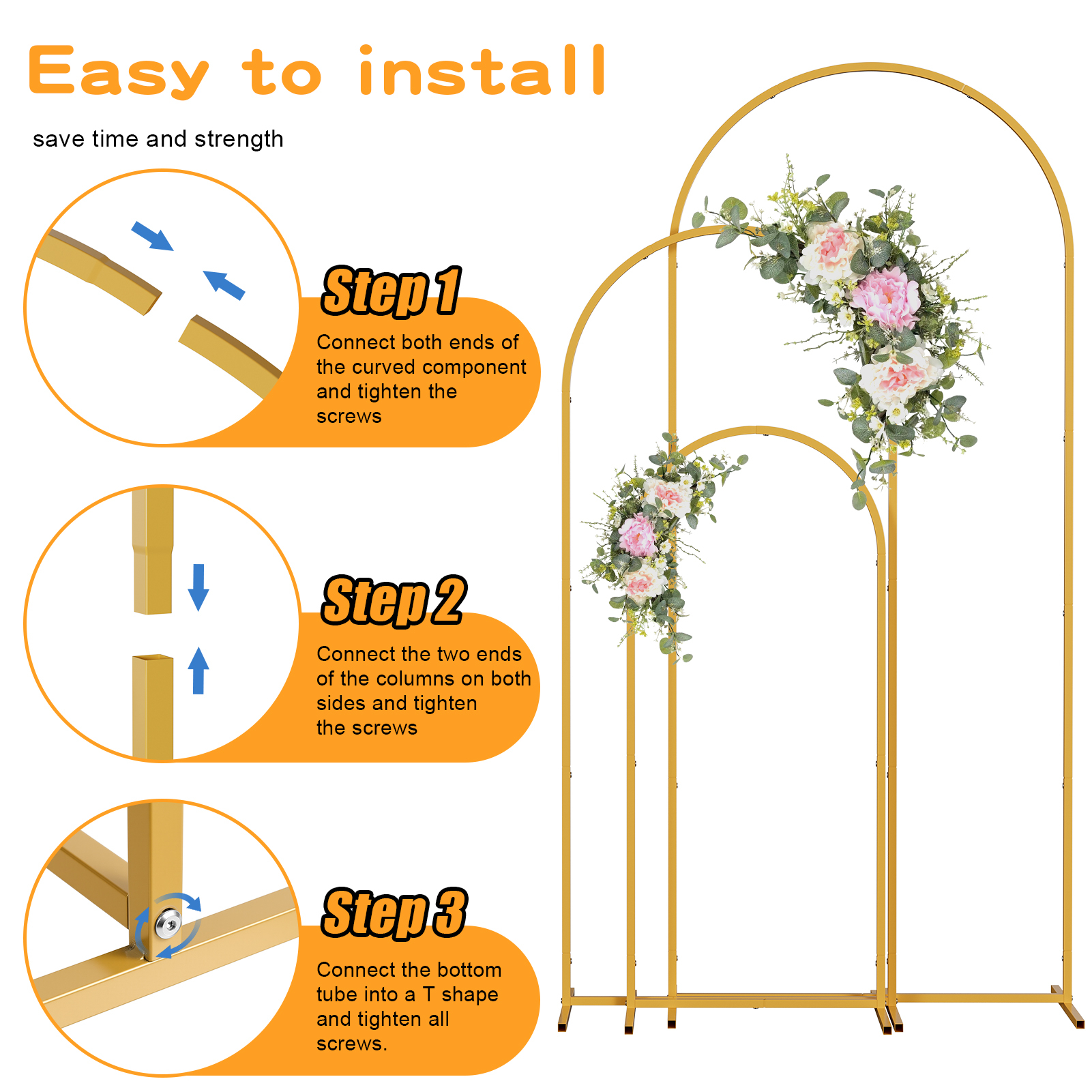 Arche Métallique Pour Décoration De Mariage - Support Toile De Fond 1x2m - Doré - Stable Pour Fêtes Et Photos