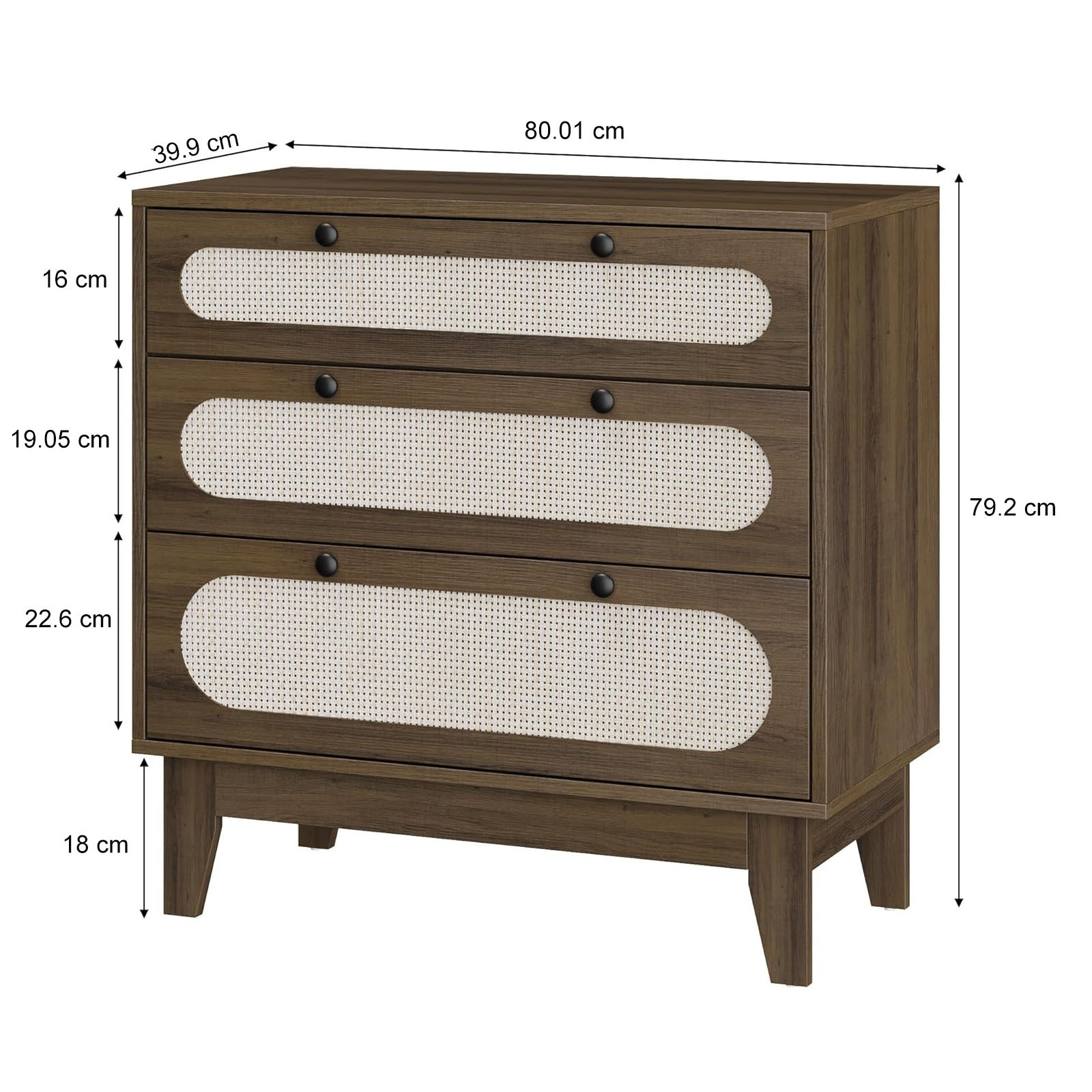 Commode 3 tiroirs bois et rotin finition chêne clair