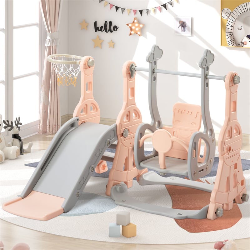 Toboggan Pour Enfants 4 En 1 - Convient Pour L'intérieur Et L'extérieur - Avec Balançoire, Panier De Basket, Toboggan, échelle - Rose -Pas Cher Clair Jardin Magasin