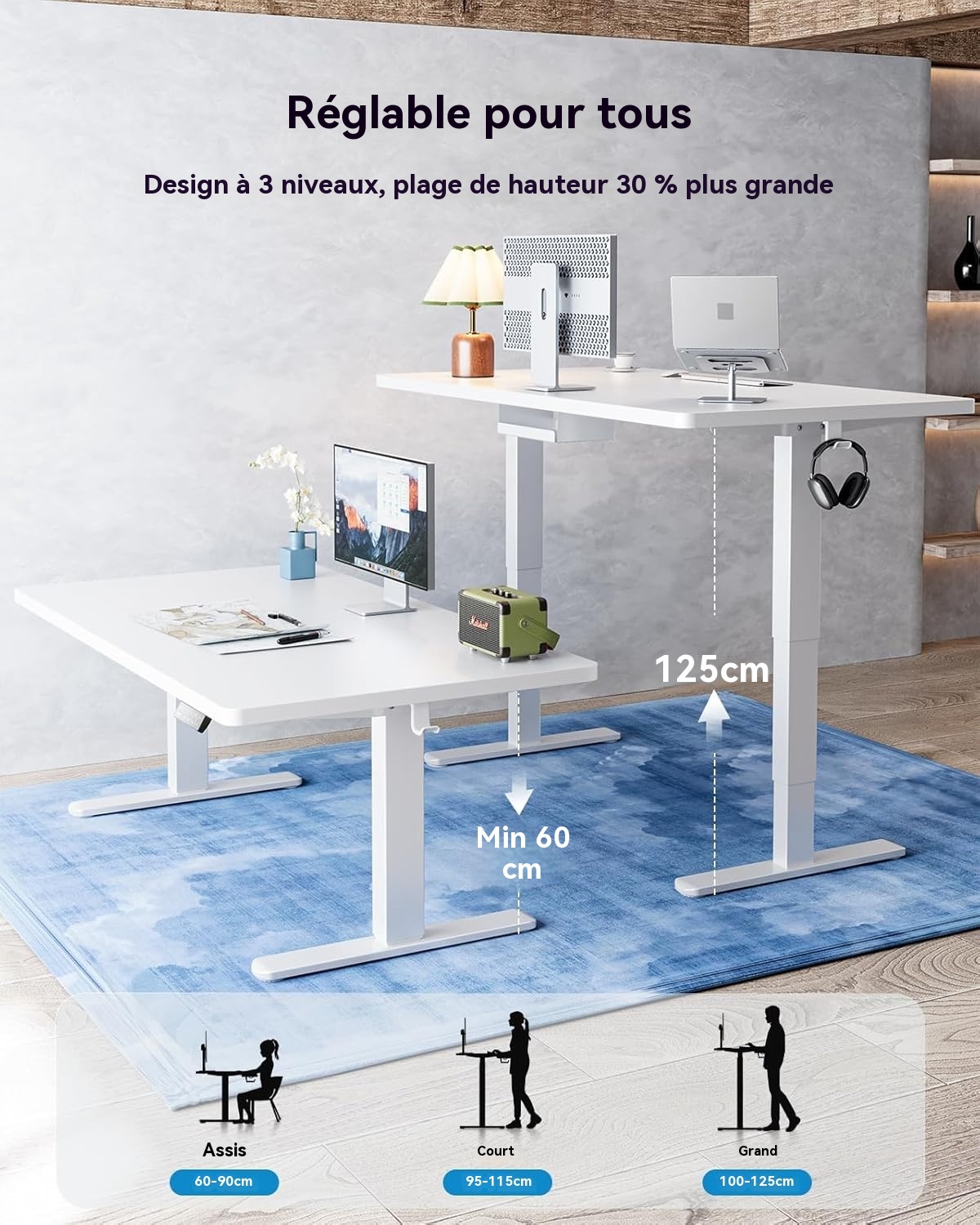 Double moteur bureau électrique avec panneau de commande LED