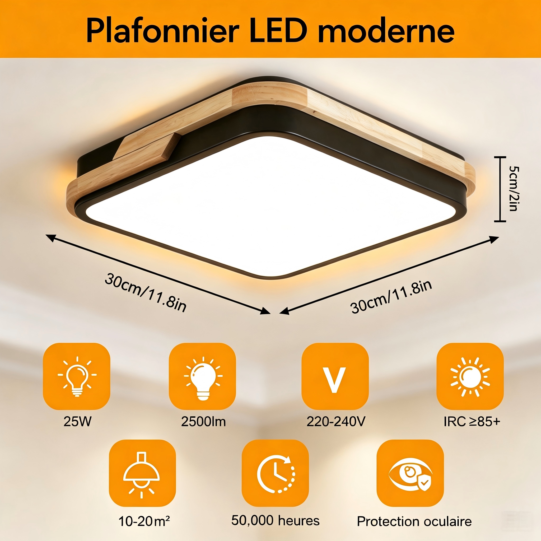 Plafoniera LED quadrata in legno e nero