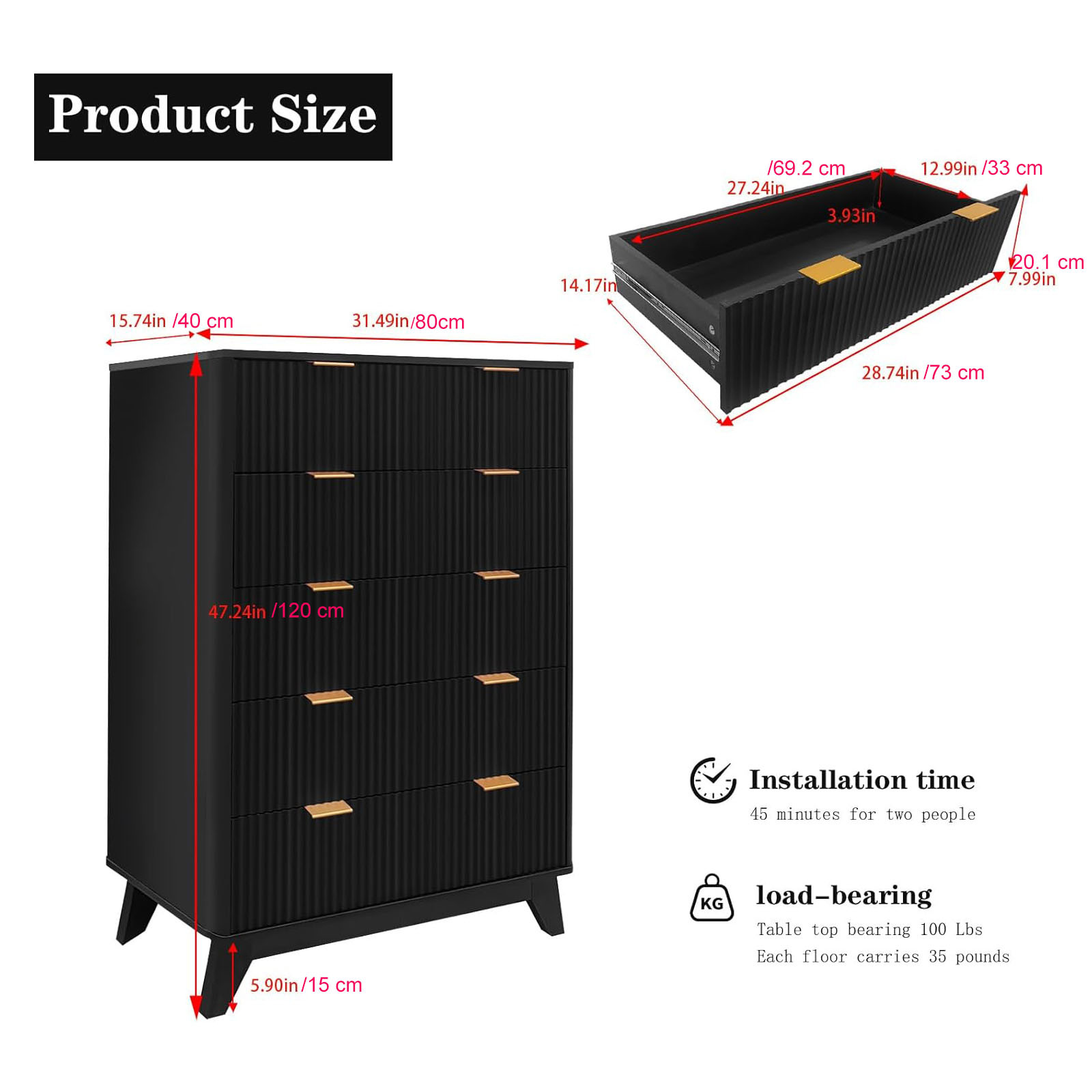 Commode haute noire 5 tiroirs à côtes verticales