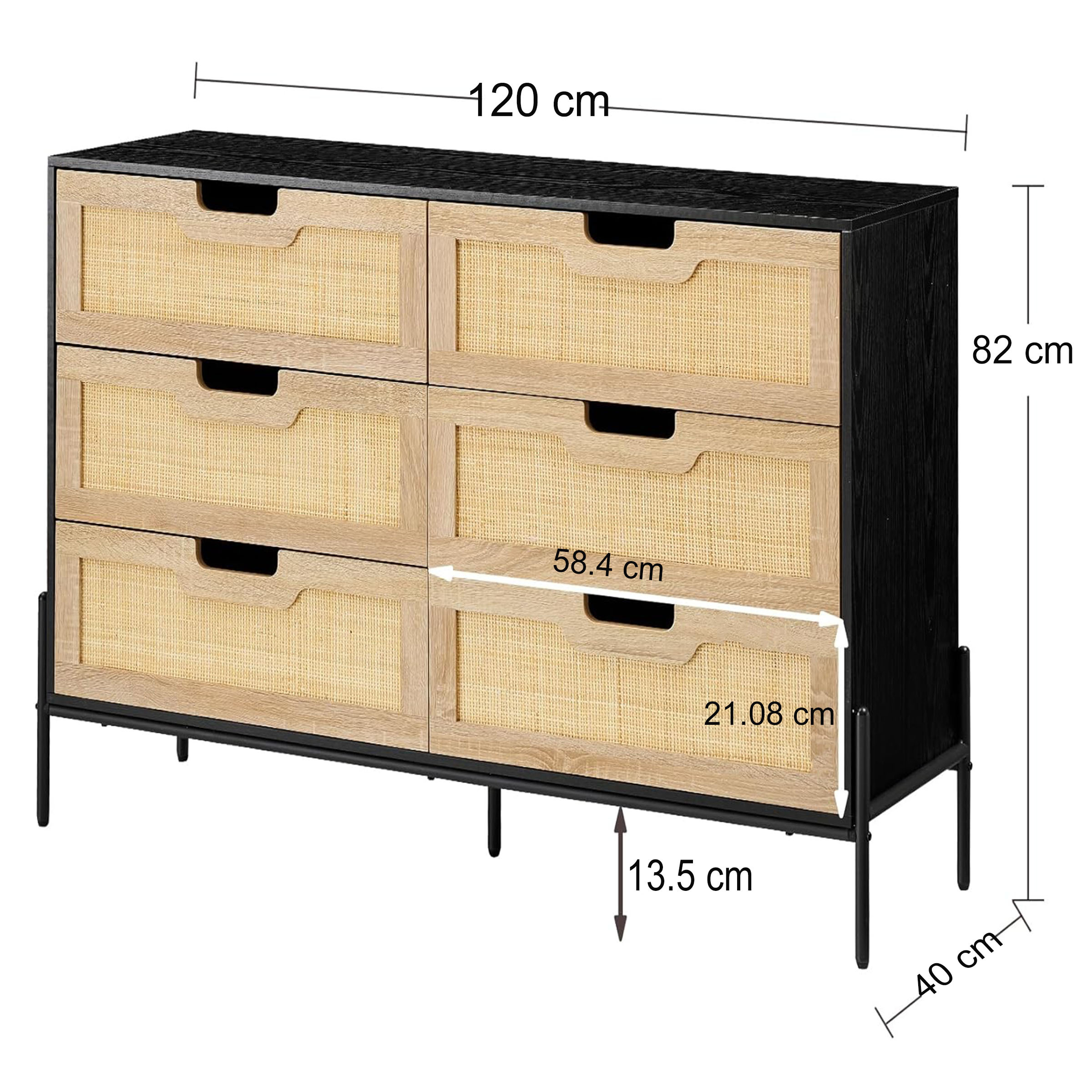 Dimensions détaillées de la commode 6 tiroirs en rotin et bois