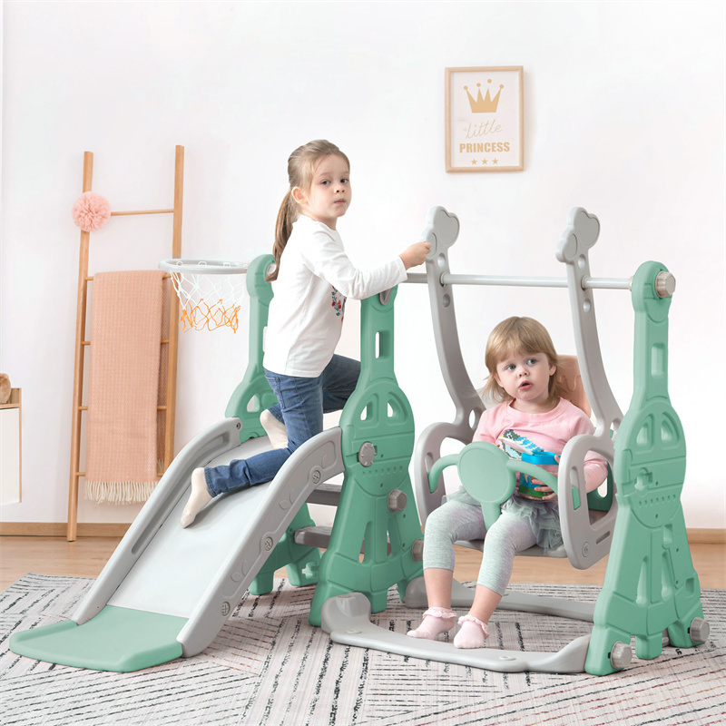 Toboggan Pour Enfants 4 En 1 - Convient Pour L'intérieur Et L'extérieur - Avec Balançoire, Panier De Basket, Toboggan, échelle - Vert -Pas Cher Clair Jardin Magasin