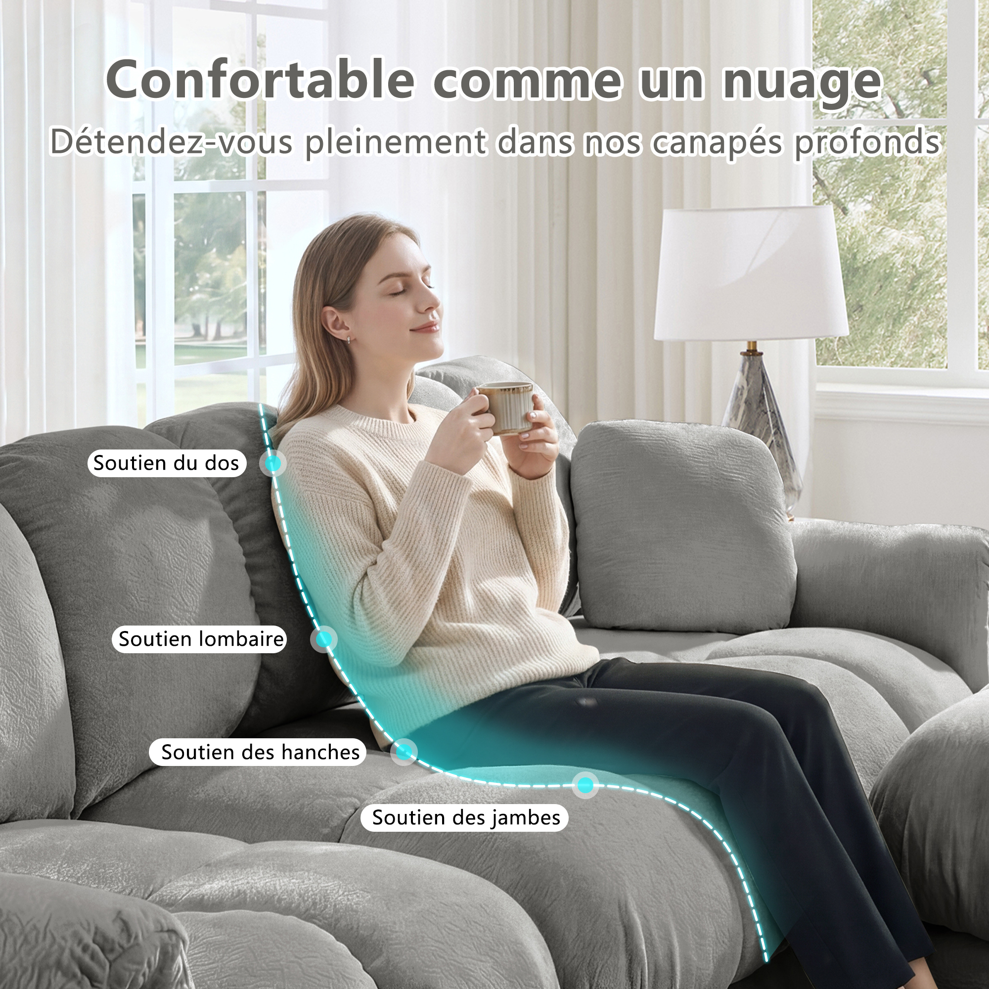 Coussins matelassés et lignes courbes du canapé modulable