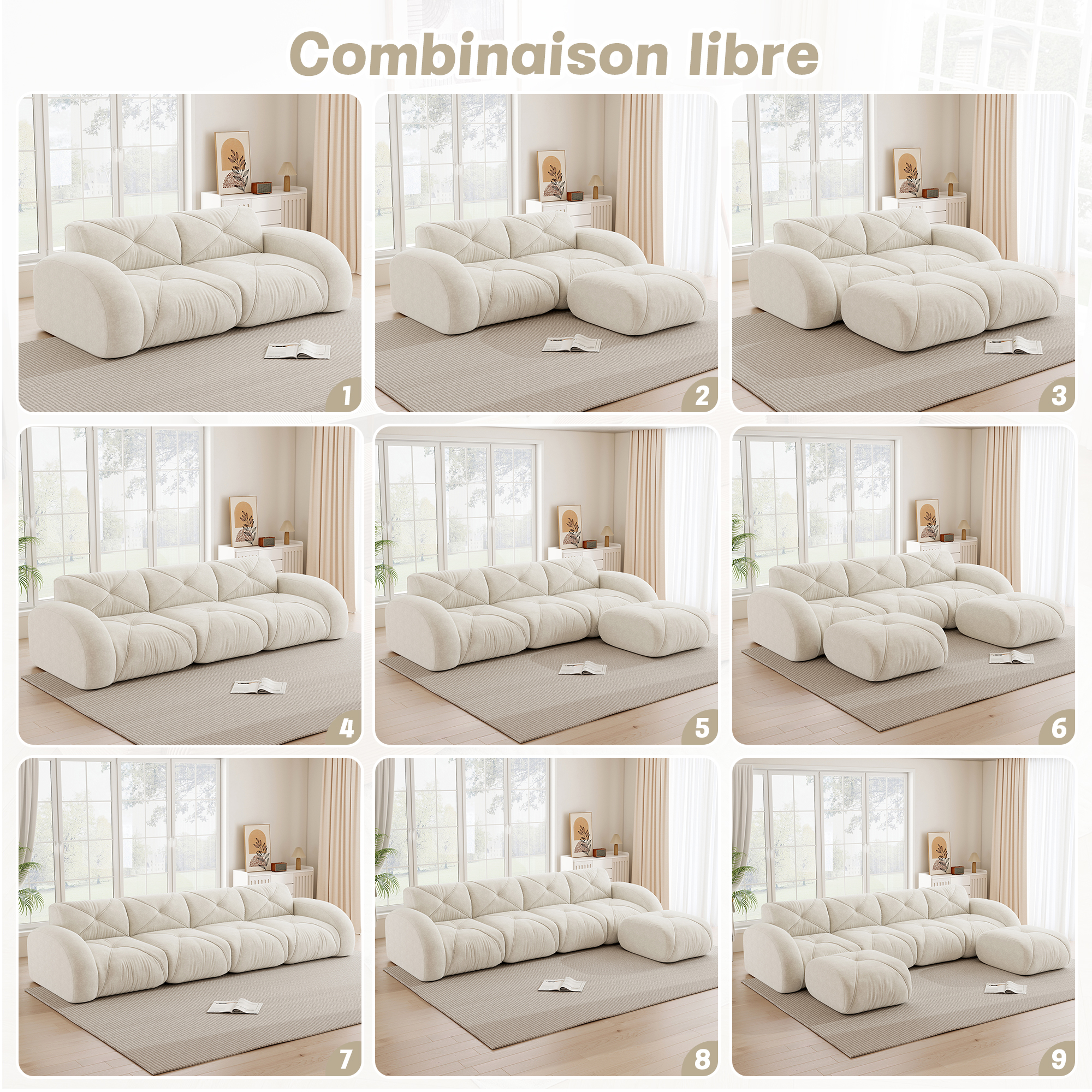 Présentation du canapé modulable en chenille et mousse 32D