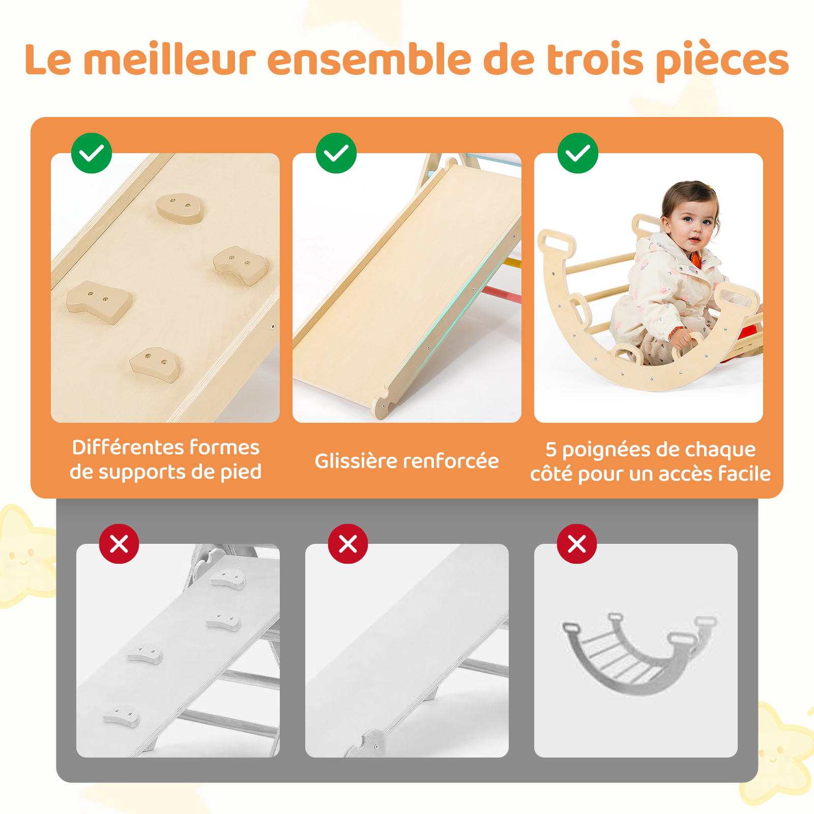 Jeu Intérieur Filet échelle Rochers LIFEZEAL 7 En 1 Set D'escalade Montessori Avec Rampe Réversible, Arche à Bascule, Toboggan, Bois De Hêtre, Échelle Triangle Stable à Grimper Pour Enfant 1 Ans, Charge