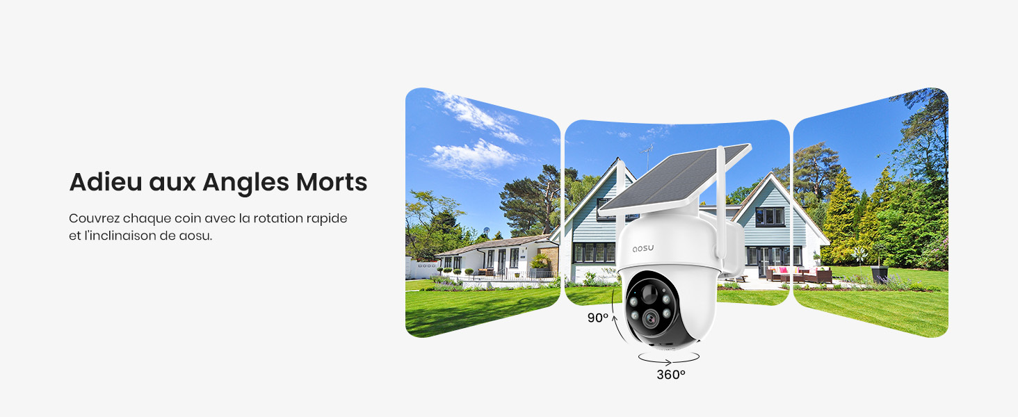 aosu SolarCam D1 Classic Kit offre une vision PTZ à 360°, couvrant plus qu'une caméra bullet (166°), réduisant les angles morts et les coûts d'installation.