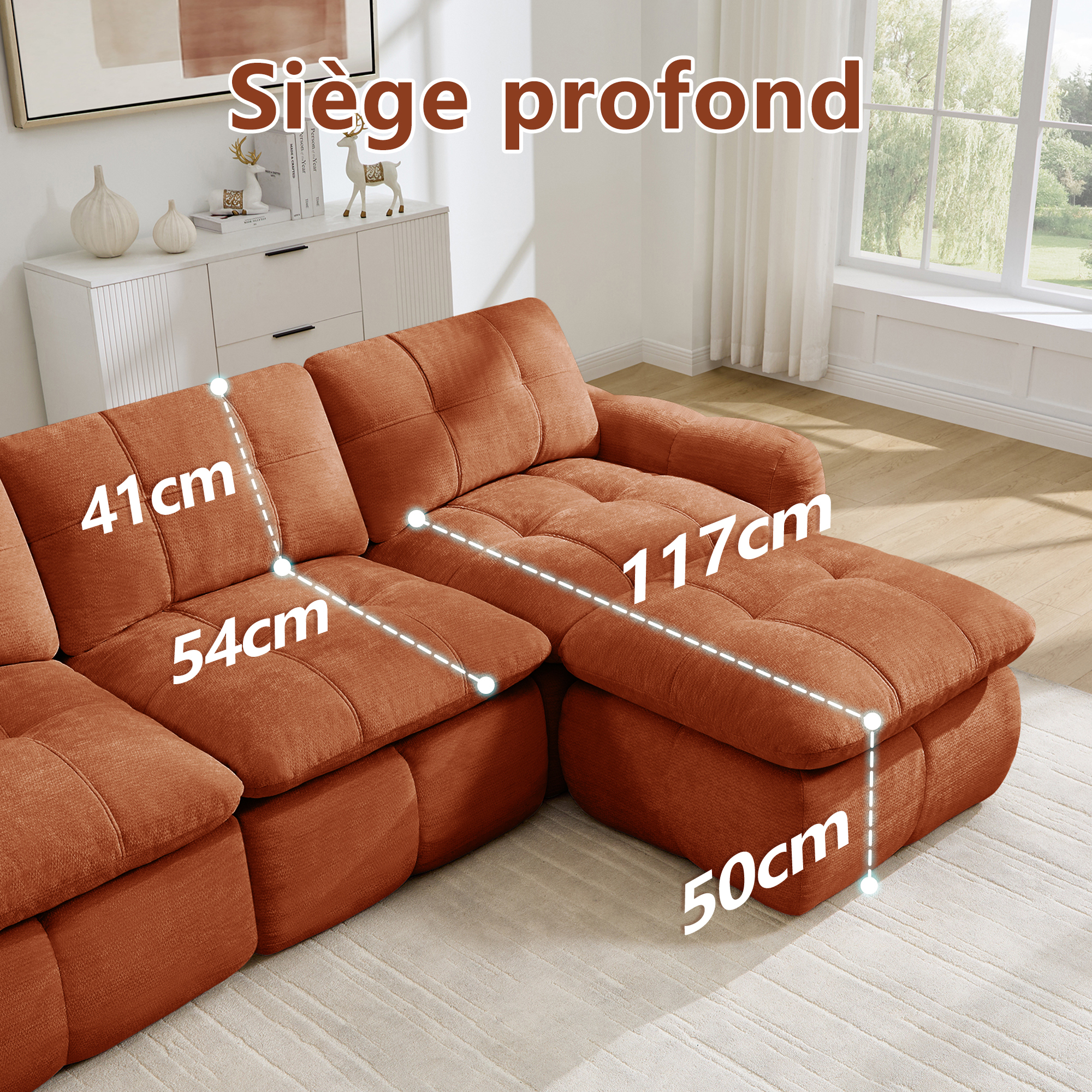 Dimensions du canapé modulable 3+2 places en chenille orange