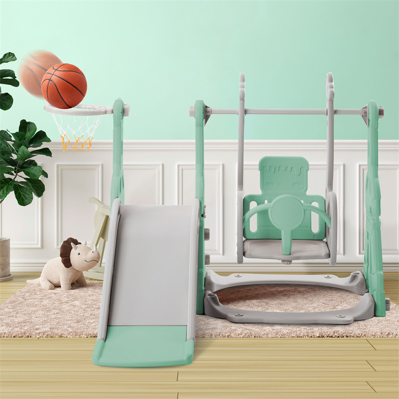Toboggan Pour Enfants 4 En 1 - Convient Pour L'intérieur Et L'extérieur - Avec Balançoire, Panier De Basket, Toboggan, échelle - Vert -Pas Cher Clair Jardin Magasin