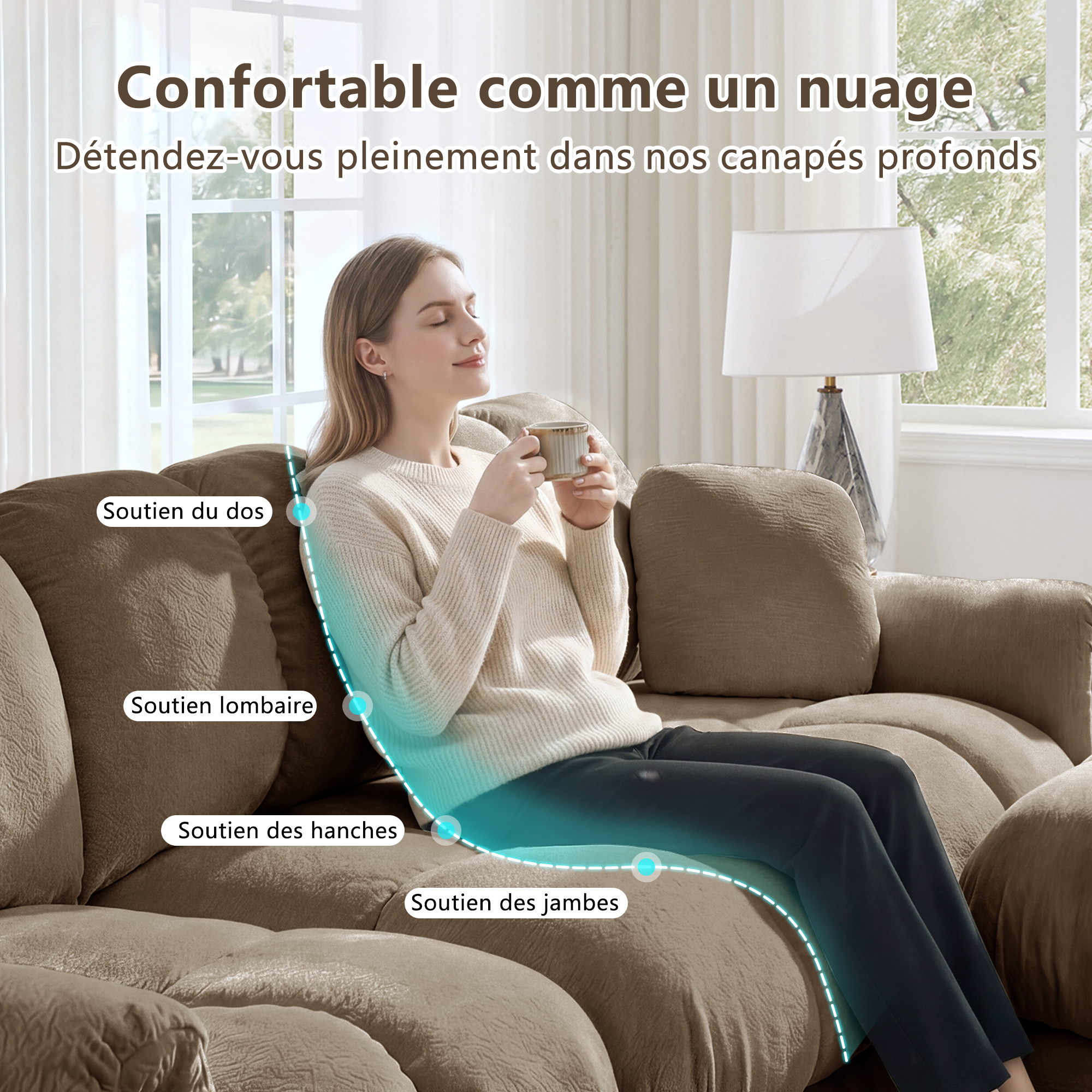 Coussins matelassés et lignes courbes du canapé modulable