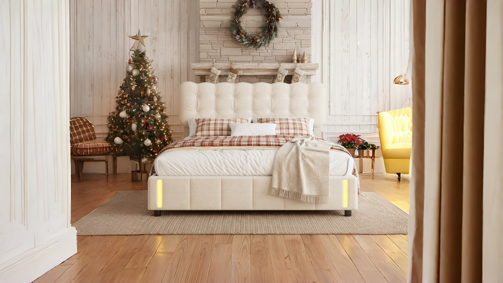 Lit Coffre Capitonné 160x200 Cm, Avec éclairage LED, Hydraulique De Rangement Tiroir Sommier A Lattes Cadre En Metal Lit Double En Velours Beige 83273117