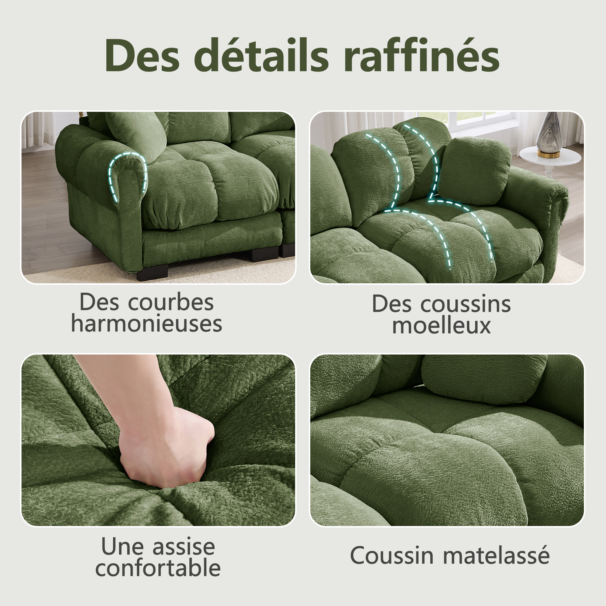 Coussins matelassés et lignes courbes du canapé modulable