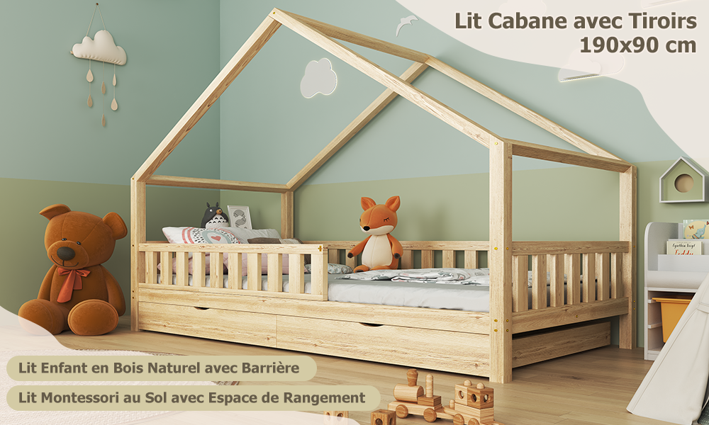 Lit Cabane 90x190 Avec Barriere Amovible