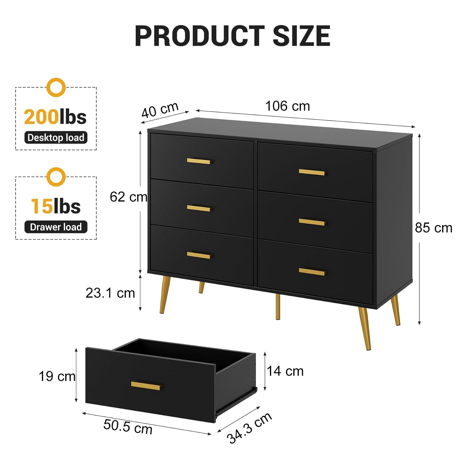 Dimensions détaillées de la commode 6 tiroirs noire à poignées dorées